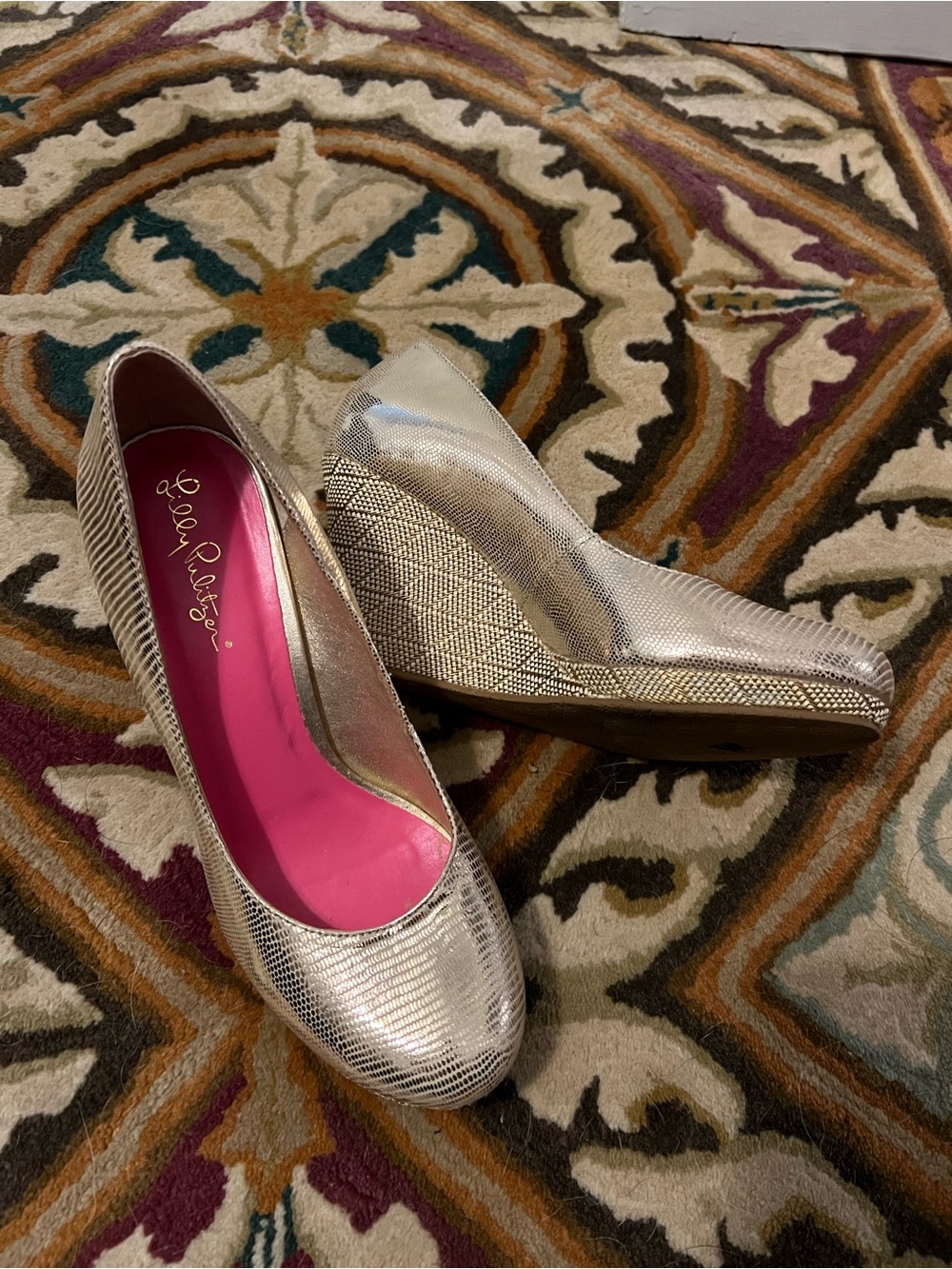 Lilly Pulitzer Silver Metallic Wedge Pumps with Pink Insole